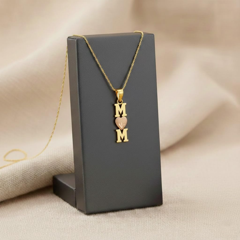 Gold "Mom" with Pink Heart Charm - 10 Karat Solid Gold - Mother's Day Pendant