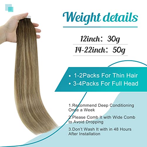 Fshine Tape in Hair Extensions Human Hair,18 Inch 20 pcs 50 g,Straight Natural Tape in Hair Extenisons,Color 3 8 22 Highlight Medium Blonde,Lightweight Comfortable Fit for women - Image 4