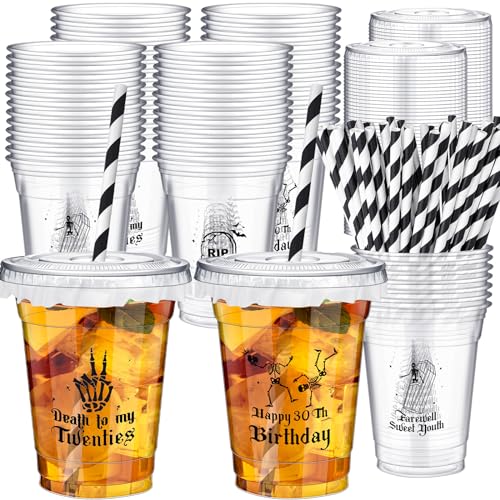 FoldTier 50 Pcs 12 oz Plastic Cups with Lids Straws Boy or Girl Blue Pink