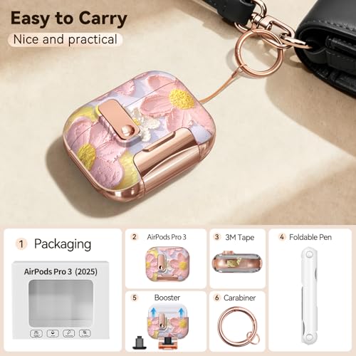 Image of for Apple AirPod Pro 3 Case 2025 with Lock,Clear TPU Floral AirPod Pro 3 Generation Case Cover for Women Girly, iPod Pro 3 Cases with Keychain & Cleaner Kit- Pink Oil Painting Flower