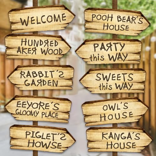 Classic Winnie Arrow Signs for The Pooh Baby Shower Decorations, 10 Pcs Double-Sided Signs Hundred Acre for Winnie Birthday Derations