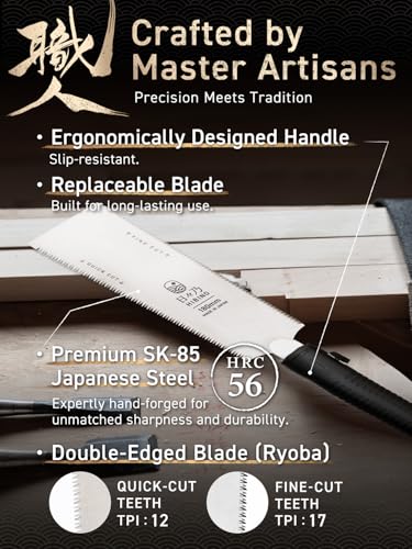 Image of HIBINO Japanese Pull Saw 7 Inch Ryoba | Made in Japan | Double Edge 12 /17 TPI Rip & Crosscut Blade | Compact Handsaw for Precision Woodworking, Joinery & Dovetails | Replaceable Blade