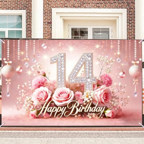 Image of Nuxovilar 14th Birthday Banner - Elegant Pink & Gold Floral Backdrop