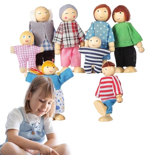 Zyntora Figurines pour Maison de Poupées - 8 Pièces Personnages Maison Miniature en Bois | Poupées Articulées pour Chambre Nursery Jeu D'imitation École...