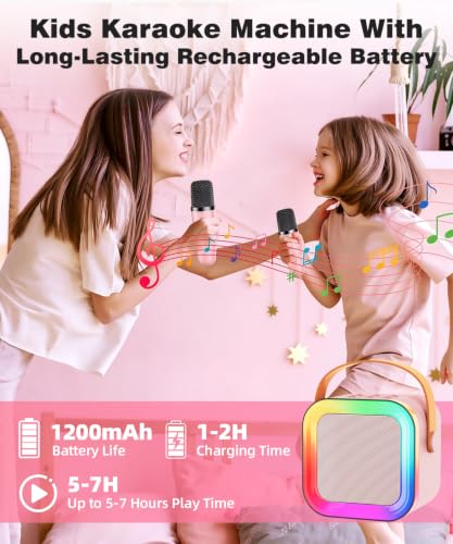 Mini Kids Karaoke Machine Ages 3-12, Wireless Mics Bluetooth Speaker, Pink - Image 5