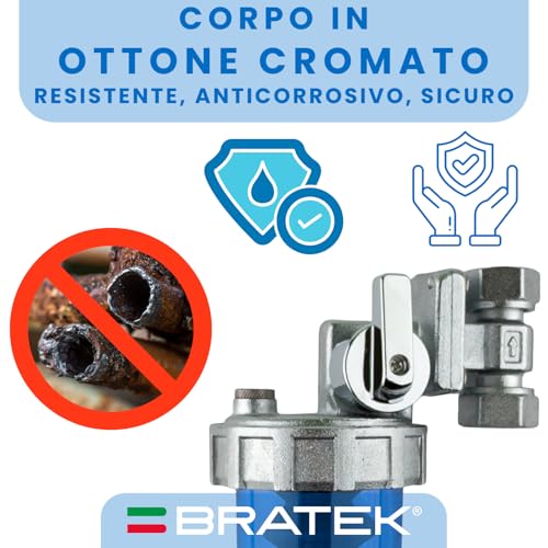 BRATEK Drehbarer Polyphosphatspender mit By-Pass, Anschluss Anlage 1/2 Zoll mit 1 Nachfüllpackung Polyphosphate in Pulverform – Dosierer für Hydraulik- und Sanitäranlagen, maximale Durchflussmenge 1,5