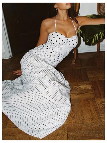 MakeMeChic Women's Polka Dots Halter Dress Tie Backless Summer Maxi Dresses4