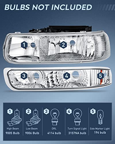 Nilight Headlight Assembly For 1999 2000 2001 2002 Chevy Silverado Avalanche 1500 1500Hd 2500 2500Hd 3500 Chevrolet Tahoe Suburban Replacement Headlamp Housing Bumper Lights Set, 2 Years Warranty #TOP1