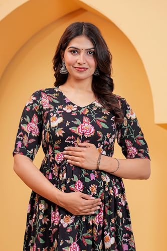 Image of The Moon Star Women's Cotton Floral Printed Anarkali Maternity Feeding Kurti | Breastfeeding Dress for Mothers | Zipper Feeding Kurti, Nursing Kurti, Comfortable and Trendy Maternity Wear