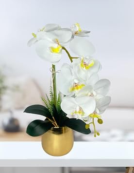 Yapay Çiçek Beyaz Islak Orkide Gold Metal Saksıda Seramik Saksıda Orkide 60cm
