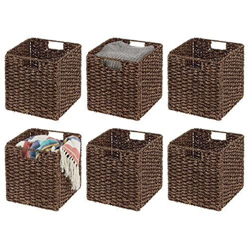 mDesign Seagrass Woven Cube Basket Organizer with Handles - Storage for Bedroom, Office, Living Room, Bathroom, Perfect for Cubby Storage Units - Hold Blankets, Magazines, Books - 6 Pack - Brown Wash