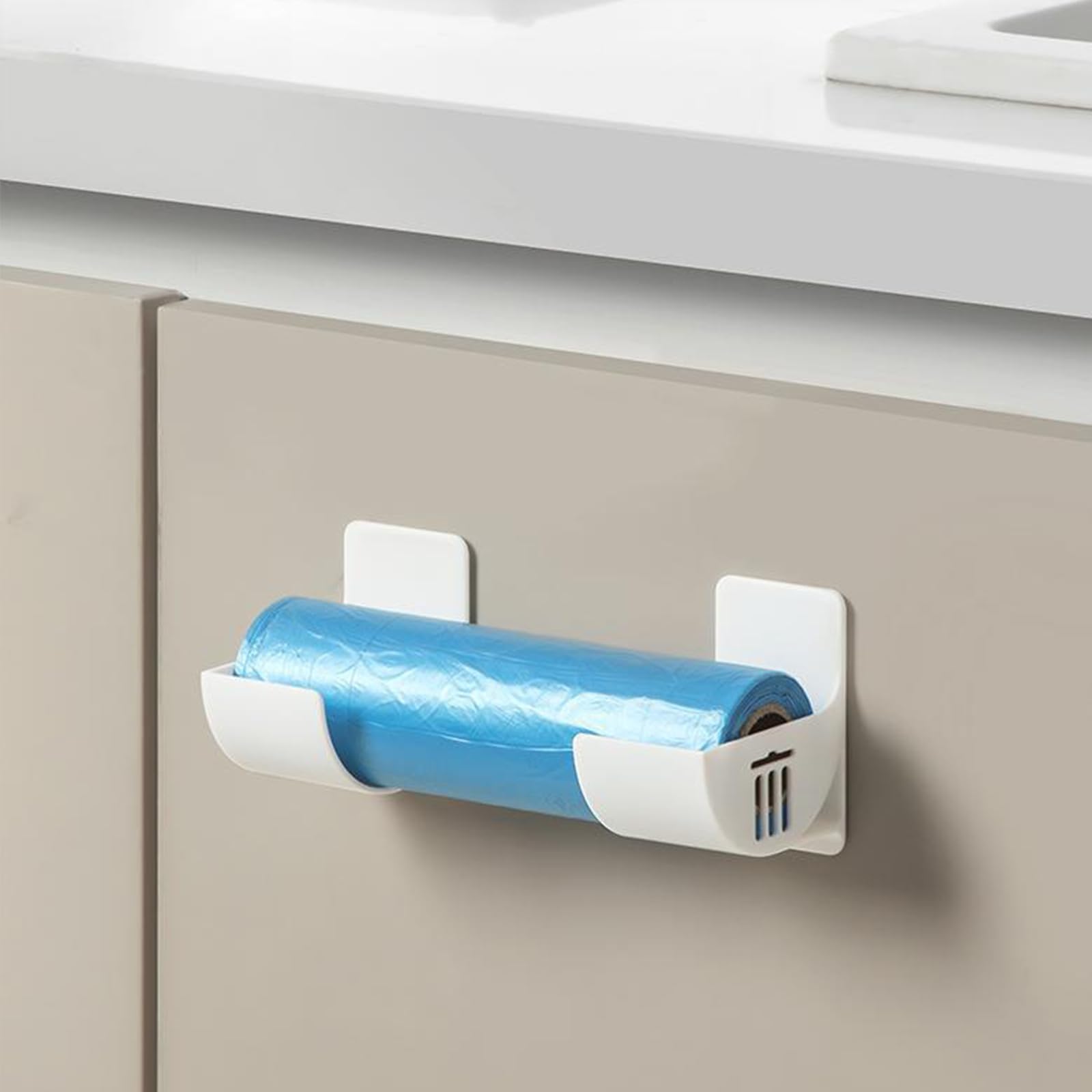 4 pary montowanych na ścianie uchwytów na worki na śmieci, uchwyt na folię aluminiową, organizer na worki na śmieci, kolor biały, montowane na ścianie pudełko do przechowywania, samoprzylepne