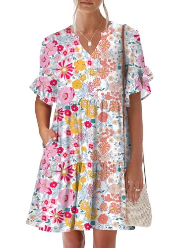 Image of ANRABESS Women's Summer Casual Dress, V-Neck Ruffle Sleeve Tiered Mini Dress, Soft Comfy Fabric with Pockets for All-Day Wear