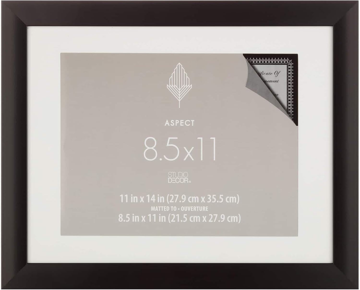 Studio Decor 11" x 14" Black Aspect Narrow Frame with Mat - Includes Pre-attached Hanging Hardware, Horizontal or Vertical Display - 1 Pack