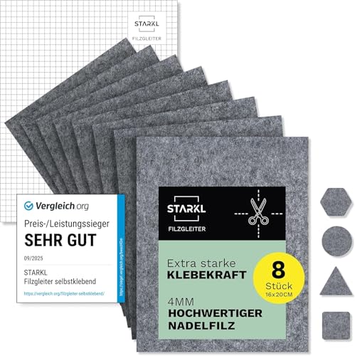 Filzgleiter selbstklebend zum Zuschneiden I 8 Stück 16 x 20cm - 4mm I Filzgleiter für Stühle I Filz selbstklebend I Filz Möbelgleiter aus Nadelfilz I Stuhlgleiter Klebefilz I Möbel Filzplatten (Grau)