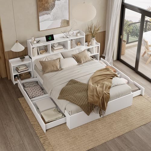 TOBIDOEN Cama doble multifunción de 140 x 200 cm con gran espacio de almacenamiento, cama con 4 cajones y 2 mesitas de noche extraíbles, cabecero con varios estantes, cama de madera, color blanco