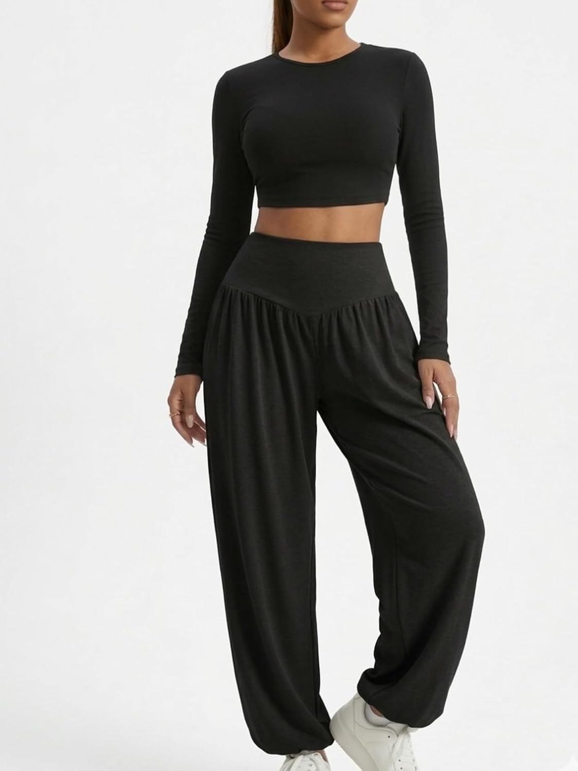 Womens Baggy Wide Leg Pants Plus Size Casual Loose Elastic Waisted Comfy Harem Pants with Pockets