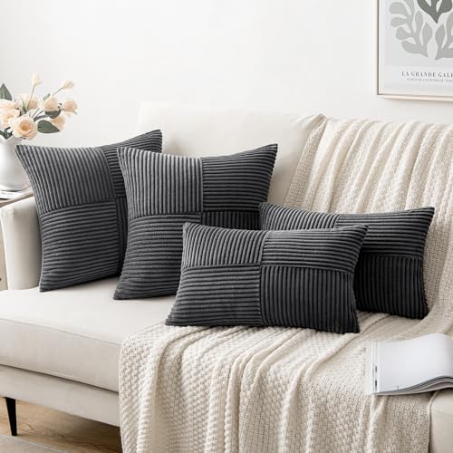 Image of MIULEE Grey Decorative Lumbar Throw Pillow Covers 12x20 Inch for Couch Bed Sofa Pack of 2 Boho Farmhouse Throw Pillows Soft Cross Corduroy Patchwork Textured Cushion Cases