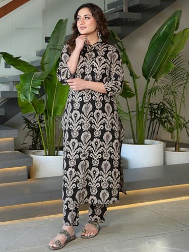 Image of Arayna Women's Pure Cotton Block Printed Ethnic Wear Kurta Set with Palazzo Pants