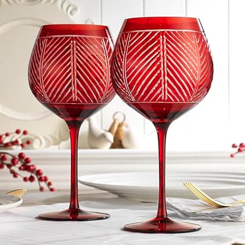 Home to Table Elegant Set Of 2 Handcrafted 17oz Red Goblet Wine Glass For Red Or White Wine. With Beautiful Hand Etched Design- Great For Parties, Christmas & Every Day Use Cover