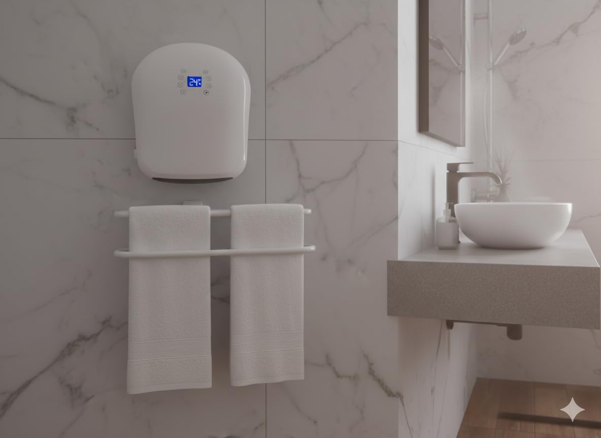 DREXON – Sèche-Serviettes Soufflant Électrique 2000 W – Double Barre Porte-Serviettes Indépendante – Chauffage Rapide – Thermostat Électronique – Minuterie 24h – IP24 – Salle de Bain - Modèle TEXAS