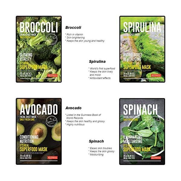 DERMAL-Super-Food-Facial-Mask-Sheet-25g-Pack-of-14-2-Weeks-Daily-Skincare-Real-Fresh-Healthy-Superfood-Facial-Mask-Combo-Set-Super-Adhesion-Sheet-Pore-Care-Moisturizing-Soothing-Anti-Wrinkle DERMAL Super Food Face Masks Skincare- 12 Pack Facial Sheet Mask for a Glowing Refreshing Skin- Moisturizing Sheet Masks for Face Enriched with Natural Ingredients for All Skin Types