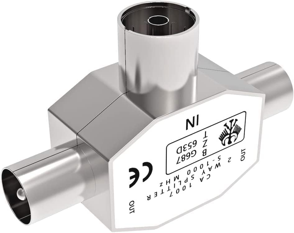 TV Aerial Coax Splitter, Coaxial Metal Housing, 2 Way 1 Female to 2