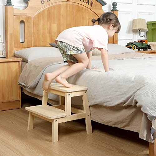 Houchics Wooden Step Stool For Adults Kids, Solid Wood, Multi-Purpose 2-Step Stool For Kitchen, Bed, Bathroom With 260Lb Load Capacity #TOP6