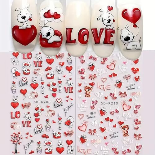 2Pcs 5D Cute Dog Bear Heart Cartoon Nail Art Stickers, 5D Embossed Red Heart Nail Decals 5D Self-Adhesive Red Heart Letter Design Valentine Manicure Charms Sliders Decals Nail Art Decoration Tips DIY