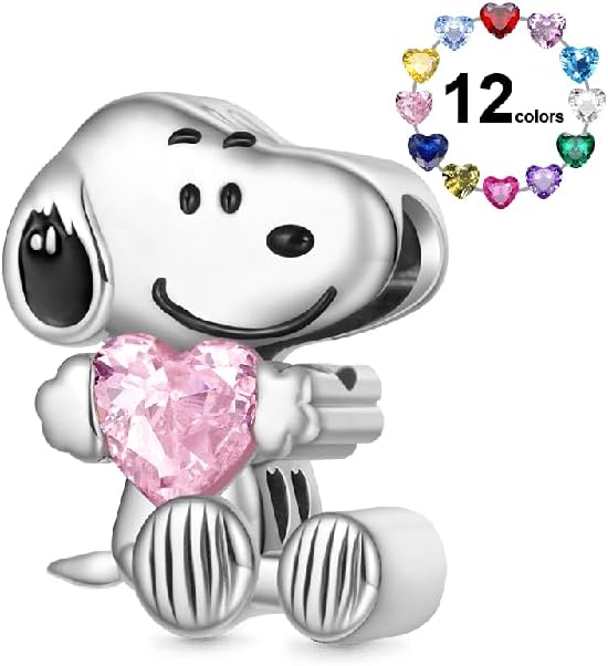 GNOCE Peanuts Snoopy Sitting Embraces Birthstone Charm for Women, S925 Sterling Silver Dangle Charms for Women Wife, Valentine‘s Day, Mother’s Day Jewelry