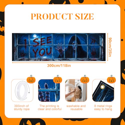 Image of Halloween Banner 118x35.4 Inch Scary Ghost Window Decoration Backdrop, Creepy Haunted House Party Decoration Outdoor Yard Sign for Festival Celebration, Fence Wall Porch Indoor Outdoor