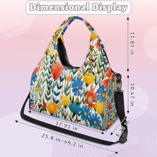 Yoga Bag for Women，Waterproof Polyester Gym Bag Detachable Strap,Shoe Pocket，Double Zipper,Plant Wildflowers Multi-color Duffel Bags2