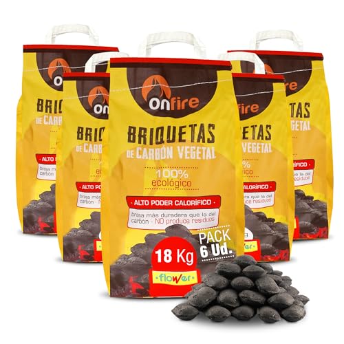 FLOWER Carbon Vegetal Briquetas 100% Natural 18 kg | Carbón para Barbacoas, Parrilas Chimeneas | Brasas Rápidas en Menos 20 Minutos | Sin Aditivos Químicos Ni Minerales | Alto Poder Calorífico (18 KG)