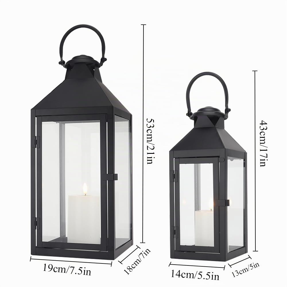 JHY DESIGN Set von 2 Deko Laterne 44,5 cm & 24 cm Hoch Laternen Draußen Schwarz Kerze Laternen Groß Hängelaterne für Drinnen Veranstaltungen Parität Hochzeiten Vintage Style Dekorative(Schwarz)