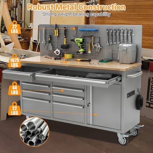 GAOMON 61-inch Rolling Tool Chest, 10 Drawers Garage Workbench Storage Tool Cabinet with Power Strip, Solid Rubber Wood Top, 1675 LBS Load Mobile Workstation, Heavy Duty Rolling Cabinet, Silver - Image 5