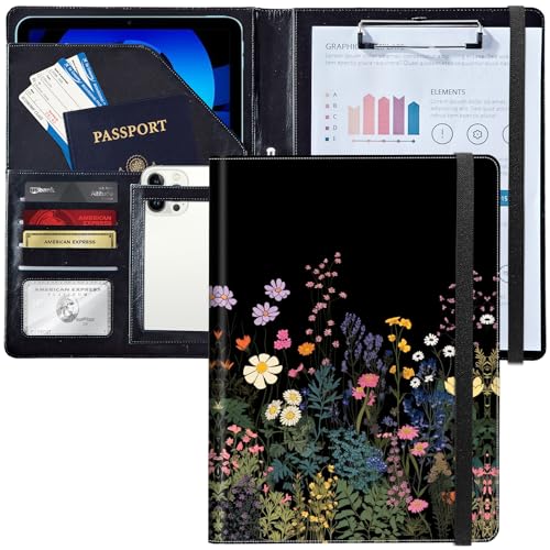 Padfolio/Portfolio Folder Clipboard,Midnight Flowers Personalized Leather Portfolio Padfolio W/Resume Document Organizer Letter Size A4 Writing Pad Business Card Holders for Men Women