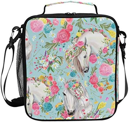 Lunch Box for Girls Horse And Flower Lunch Bag Insulated Lunch Boxes Cooler Lunch Tote with Shoulder Strap for School Picnic