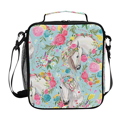 Lunch Box For Girls Horse And Flower Lunch Bag Insulated Lunch Boxes Cooler Lunch Tote With Shoulder Strap For School Picnic #TOP1