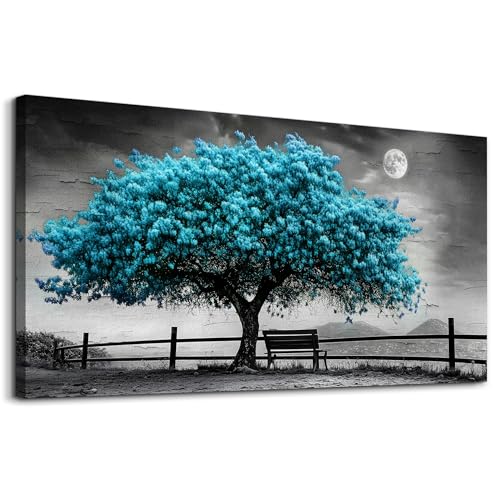 KELIYUAN Blue Tree Of Life Canvas Painting Living Room Office Bedroom Bathroom Wall Decoration Black And White Wall Art Print Modern Natural Tree Art Waterproof Can Be Directly Hung 20x40 In