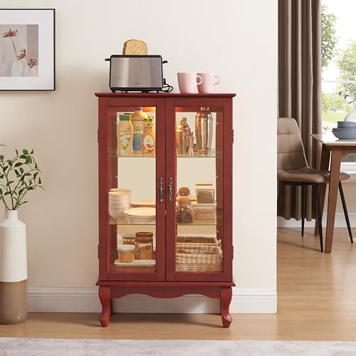 Image of 43 inch H Lighted Curio Cabinet Display Case with Light Bulb, Glass Curio Cabinet with Adjustable Shelves & Tempered Glass Door, Wooden Cabinets w /Mirrored Back Pane for Living Room(Cherry)
