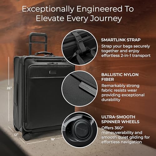 Image of Briggs & Riley 26 inch Medium Expandable Spinner - Checked Luggage for Travel, Suitcases with Wheels, Softside Rolling Bag for Men & Women, Self-Repairing Zipper - Baseline Collection, Black
