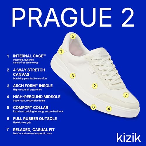 Kizik Slip On Sneakers: Prague 2 - Court Style, 4-Way Stretch Canvas with Suede Details, Casual Shoes for Women, Hands Free Convenience - Womens Wide Width3