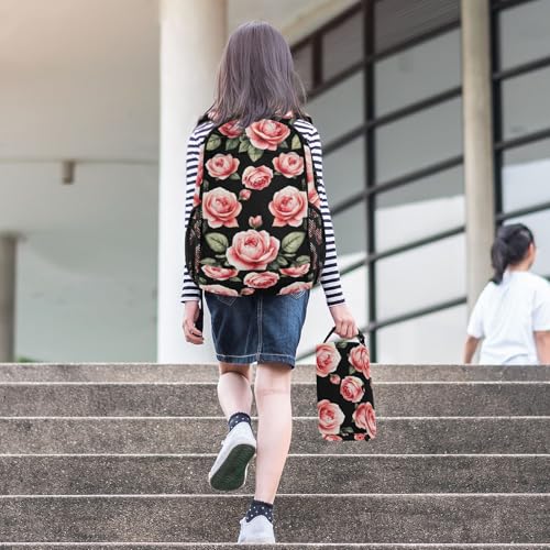 Backpack Watercolor Roses Black for School Boys Girls and Teens, Backpack for Men and Women, Lightweight Bookbag with Lunch Box Travel Laptop Daypack 18.5 x 11.8 In3