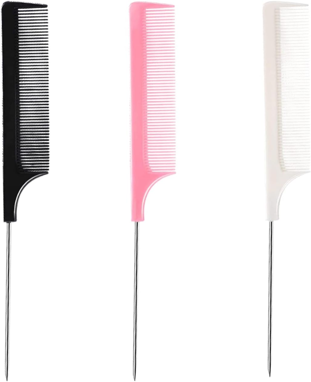 3 Pcs Tails Comb Set,Rat Tail Combs,Fiber Parting Comb,Salon Hair Comb,Pin Tail Comb,Stainless Steel Handle Comb, Anti-static Tail Comb Sectioning Comb for Styling of All Hair Types(Black,Pink,White)