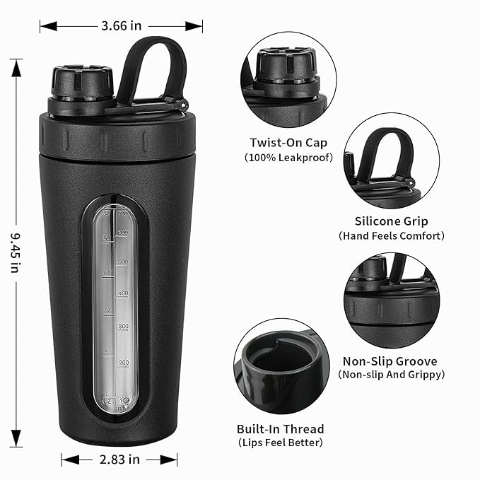 Image of Shaker Bottles for Protein Mixes 28 oz Stainless Steel Protein Shaker with Mixing Ball, Not Stays Cold /Hot, Visible Window Metal Shaker Cups, Leakproof, BPA Free Bottle Shaker 950 ml