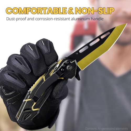 Image of FUNBRO Pocket Knife for Men, Cool Folding Knife with 3.4 inch Stainless Steel Sharp Blade, Flipper Open EDC Knives with Clip for Outdoor Camping Hiking, Gifts for Him Dad Husband (Gold)