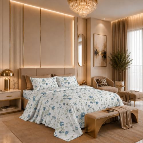 Image of Jaipur Weaves Cotton Linen Feel King Size Bedsheet 108x108 Super King, 100% Pure Cotton Bed Sheet with 2 Pillow Covers, 300 TC Soft Breathable Floral Design Bedding -(Vintage Blue, Super King)
