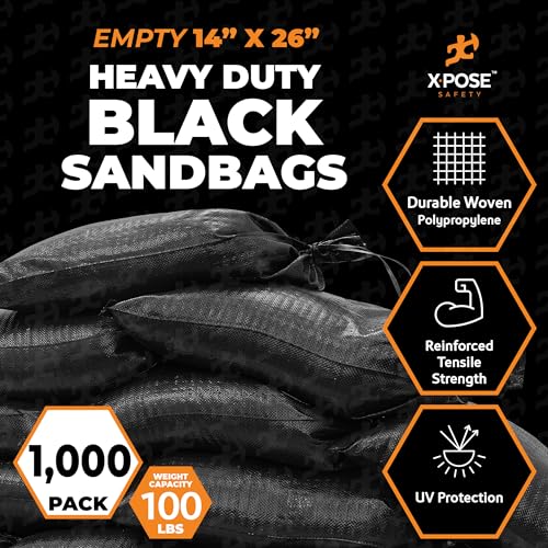 Image of Xpose Safety Heavy Duty Sand Bags with Tie Strings - Empty Woven Polypropylene Sandbags for Hurricane Flood Protection, 100 lb Capacity, 14 inch x 26 inch, Black, Pack of 1000