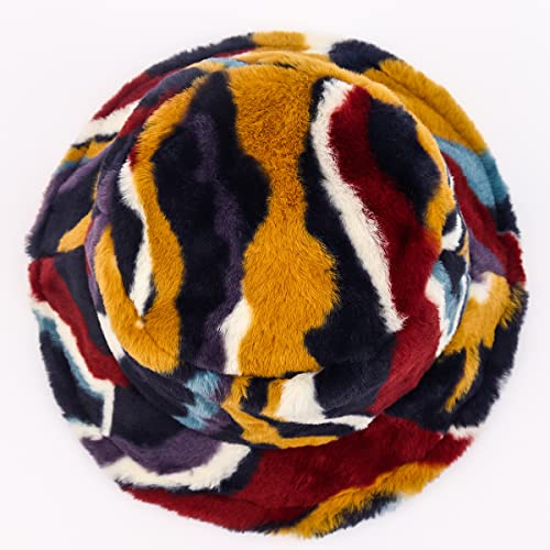 Fuzzy Bucket Hat For Women Faux Fur Bucket Hat Fluffy Warm Soft Winter Fisherman Cap Furry Sun Hat (Colorful Wave A) #TOP1