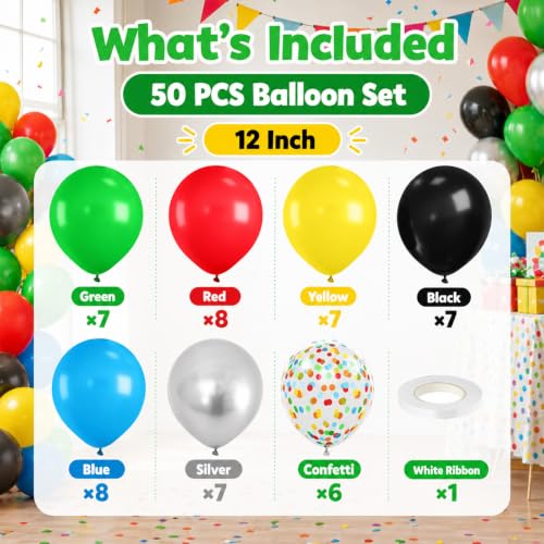 Image of Red Yellow Blue Green Balloon, 50PCS 12Inch Multicolor Balloons with Black Red Blue Yellow Green Silver Ballons and Colorful Confetti Ballon for Birthday,Game Themed Party Supplies